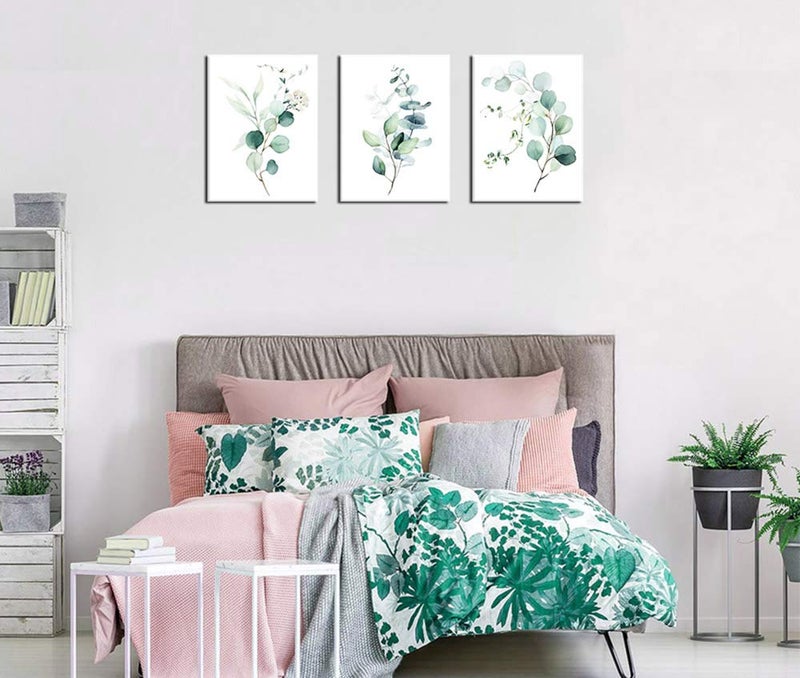 NINEASO Green Leaf Wall Art - Eucalyptus Canvas Pictures, Watercolor Modern Bohemia Botanical Artwork, Contemporary Minimalism Canvas Art Prints for Bedroom Living Room Wall Decor, 12" x - Image 3